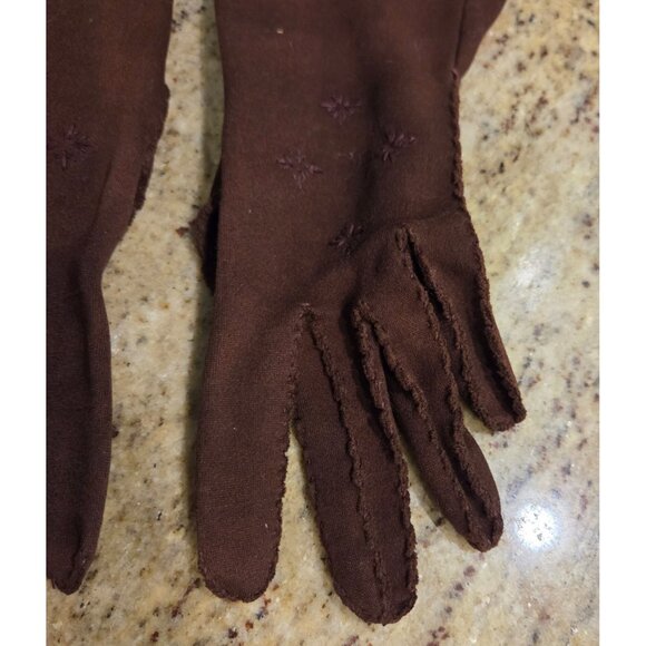 Vintage Womens Size M/L Brown Cotton Formal 9.5" Gloves Embroidered Starburst - Picture 3 of 16